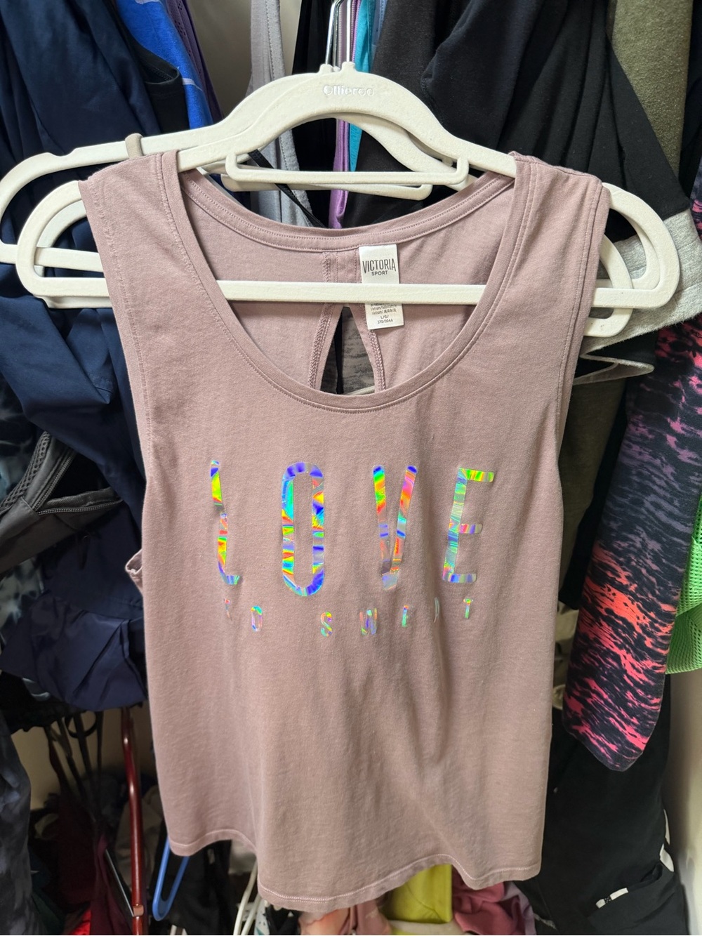 Victoria Sport Mauve Tank with Holographic LOVE Graphic Open Back